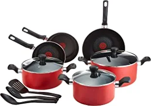 TEFAL Cookware Set of 12 Pieces | Super Cook | stewpot 22/24/28 cm/frypan 22/24 cm/wokpan 28 cm/Glass lid/spatula/spoon/slotted spoon | Non-Stick with Thermo Signal | Red | 2 Years Warranty| B243SC87