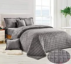Soft Cozy Velvet Sherpa Fleece Reversible Winter Comforter Set, King Size (220 X 240 Cm) 6 Pcs Warm Bedding Set, Square Stitched Pattern, Srx, Grey