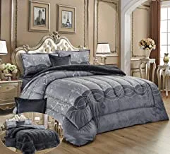 Warm And Fluffy Winter Velvet Fur Reversible Comforter Set, King Size (220 X 240 Cm) 6 Pcs Soft Bedding Set, Modern Floral And Vertical Striped Pattern, Hxyr, Red