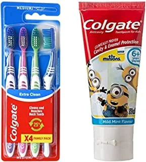 فرشاة أسنان كولجيت إكسترا كلين متوسطة الحجم - 4 قطع + 1 معجون أسنان كولجيت للأطفال مينيونز 50 مل