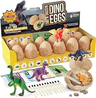 مجموعة حفر دزينة من بيض الديناصورات - افتح 12 بيضة ديناصور فريدة واكتشف 12 ديناصورًا لطيفًا - هدية علم آثار عيد الفصح STEM (الديناصورات)