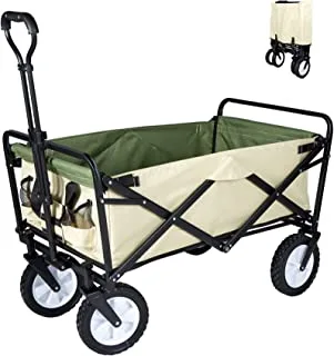COOLBABY Heavy Duty Collapsible Folding Wagon Utility Outdoor Camping Garden Cart with Universal Wheels & Adjustable Handle, khaki and gray