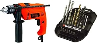 Black+Decker 650W 13mm Corded Electric Hammer PercUSsion Drill + Black & Decker 16 Pieces Mixed Drilling & Screwdriving Accessory Set