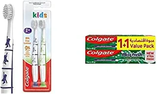 1 Colgate Kids Toothbrush, Bpa-Free Extra Soft Toothbrush For Kids, 2+ Year, 2 Pack + 1 Colgate Maxfresh Clean Mint Toothpaste 75 Ml - Twin Pack