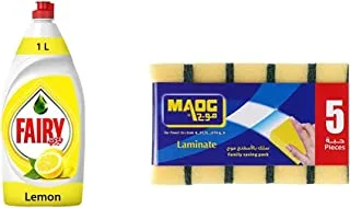 Fairy Lemon Dish Washing Liquid Soap 1 Litre + Maog Sponge Scrubber, Laminate, 5 Pcs - Bundle