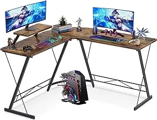 Sky-Touch L Shaped Gaming Desk, Home Office Desk With Round Corner And Shelf, Computer Desk With Large Monitor Stand Desk,Sturdy Writing Workstation, Gaming Desk With Shelf - Tiger Wood