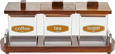 BILLI COFFEE, TEA & SUGAR CANISTER SET WITH WOODEN LID & STAND