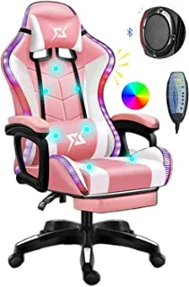 COOLBABY Gaming Chair LED Light Racing Chair,Ergonomic Office Massage Chair,Lumbar Support and Adjustable Back Bench,Bluetooth Speaker, Pink