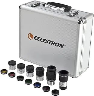 Celestron 1.25” Eyepiece and Filter Accessory Kit 14 Piece Telescope Accessory Set Plossl Telescope Eyepiece Barlow Lens Colored Filters Moon Filter Sturdy Metal Carry Case