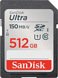 بطاقة ذاكرة SanDisk Ultra SDXC UHS-I بسعة 512 جيجا بايت - تصل إلى 150 ميجابايت / ثانية ، C10 ، U1 ، Full HD ، بطاقة SD - SDSDUNC-512G-GN6IN