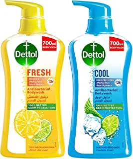 Dettol Fresh Showergel & Bodywash, Citrus & Orange Blossom Fragrance, 700ml + Dettol Instant Cool Menthol & Eucalyptus Liquid Antibacterial Body Wash, 700ml