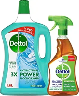 Dettol Original Anti-Bacterial Surface Disinfectant Liquid Trigger 500ml + Dettol Aqua Antibacterial Power Floor Cleaner 1.8L