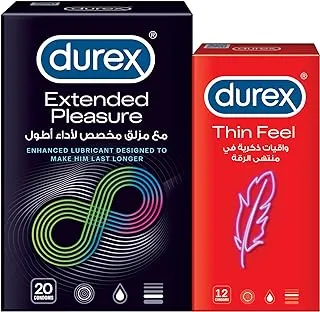 Durex Extended Pleasure Condom, Pack of 20 + Durex Feel Thin Condom, Pack Of 12