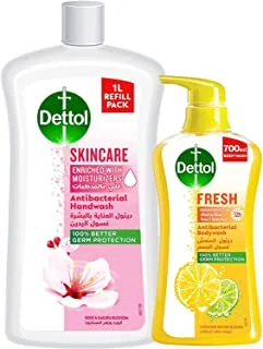 Dettol Fresh Showergel & Bodywash for effective Germ Protection & Personal Hygiene, Citrus & Orange Blossom Fragrance 700ml + Dettol Skincare Hand Wash Liquid Soap Refill, 1L
