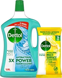 Dettol Aqua Antibacterial Power Floor Cleaner 1.8L + Dettol Lemon Antibacterial Multi Surface Cleaning Wipes, pack of 36, large wipes