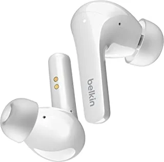 سماعات أذن لاسلكية Belkin SOUNDFORM Flow True مع إلغاء الضوضاء النشط ، سماعات بلوتوث مع شحن لاسلكي ، IPX5 مقاومة للعرق والماء ، وقت تشغيل 31H ، لأجهزة iPhone ، Galaxy ، Pixel - أبيض