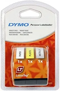 Dymo Lt Labels Starter Pack With Paper, Plastic And Metallic Labels For Letratag Label Makers, 12 mm X 4 M Rolls, Self-Adhesive, 3 Rolls (Assorted Colours)