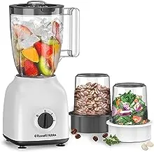 Russell Hobbs 400W 3 in 1 Blender، Grinder & Multi Chopper Mill، 1.5L Smoothie Maker، Multifunction High Speed ​​Grinder for Coffee Beans، Spices & Nuts، 2 Speed، 2 Year Warranty، BWM102-White