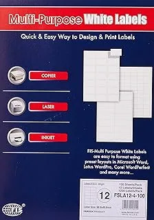 FIS FSLA12-4-100 12 Stickers Multipurpose Laser Label 100 Sheet, A4 Size, White