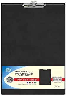 FIS Smart Tension PVC Clip Board with Pen Holder, F4 Size, Black