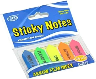 FIS FSPOFIP5 Imprinted Arrow Sticky Notes Film 125 Sheets, 12 mm x 45 mm Size, 5 Colors