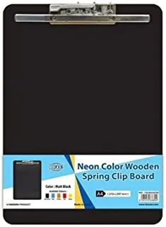 Fis Neon Color Wooden Spring Clip Board, A4 Size, Matt Black