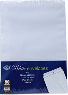 FIS White Envelopes Peel & Seal, Pack of 50 Pieces, C4 (324 X 229 mm), 100 GSM - FSWE1027P50