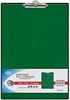 FIS Smart Tension PVC Clip Board with Pen Holder, F4 Size, Green