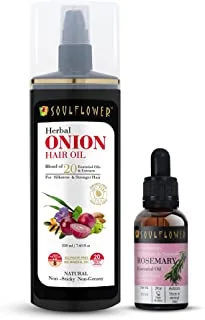 Onion Hair Growth Oil by Soulflower for Hair Fall Control & Hair Growth- 100% Pure Extracts with Ratanjot Herb, Amla & Ashwagandha + Soulflower Rosemary Essential Oil 1 FL.OZ