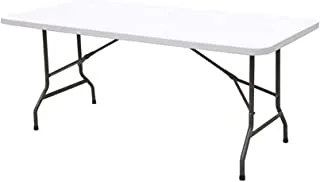 طاولة تخييم خارجية خفيفة الوزن قابلة للطي من SKY-TOUCH ، طاولة نزهة بلاستيكية شديدة التحمل قابلة للطي في الهواء الطلق ، طاولة قابلة للطي لحفلات الشواء ، تطوى في النصف مع مقبض للحمل ، أبيض (150 × 70 × 75 سم)