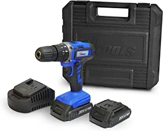VTOOLS 20V Cordless Impact Drill With 2 Batteries & 1 Fast Charger, 2-Variable Speed, 10mm Keyless Chuck, 18+1 Torque Setting, BMC Case, VT1211