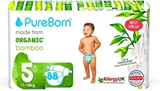 PureBorn عضوي / طبيعي بامبو للأطفال يمكن التخلص منه مقاس 5 حفاضات / حفاضات | عبوة اقتصادية ضخمة | من 11 إلى 18 كجم | 88 قطعة | مطبوعات متنوعة | فائقة النعومة | أقصى حماية من التسرب | أساسيات حديثي الولادة | صديق للبيئة