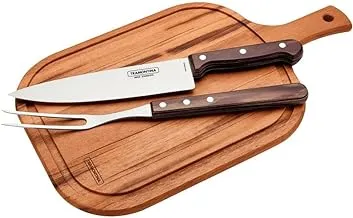 Tramontina 3 Piece Barbecue Churrasco Set - Stainless Steel Professional Sharp Chef Carving Knives and Forks set with Plywood handles.