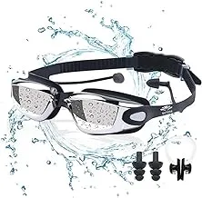 نظارات السباحة الاحترافية المقاومة للماء بعدسات عاكسة مع رؤية واسعة للغاية وواضحة تأتي مع حقيبة بلاستيكية بمشبك الأنف وسدادات الأذن الكل في واحد مجموعة نظارات السباحة المضادة للضباب