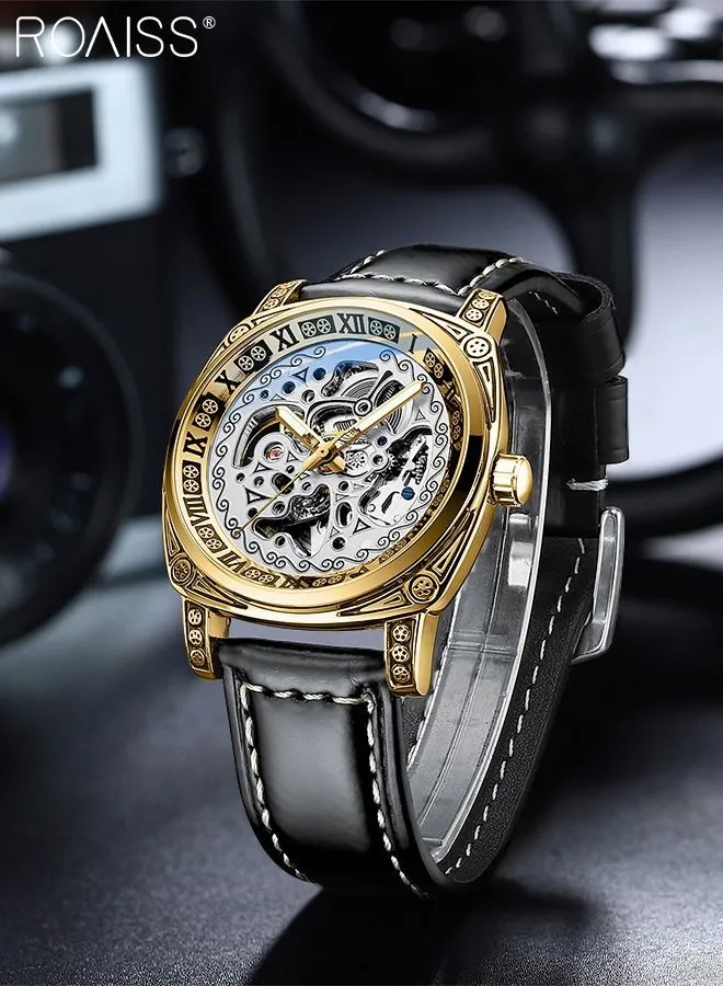 roaiss Men's Leather Strap Mechanical Watch Analog Display Round Dial with Carved Pattern Decoration Waterproof Luminous Wristwatch as Gift for Men