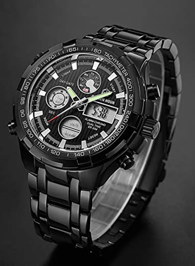 roaiss Luxury Stainless Steel Analog Digital Watch for Men Male Outdoor Sport Waterproof Big Heavy Wristwatch