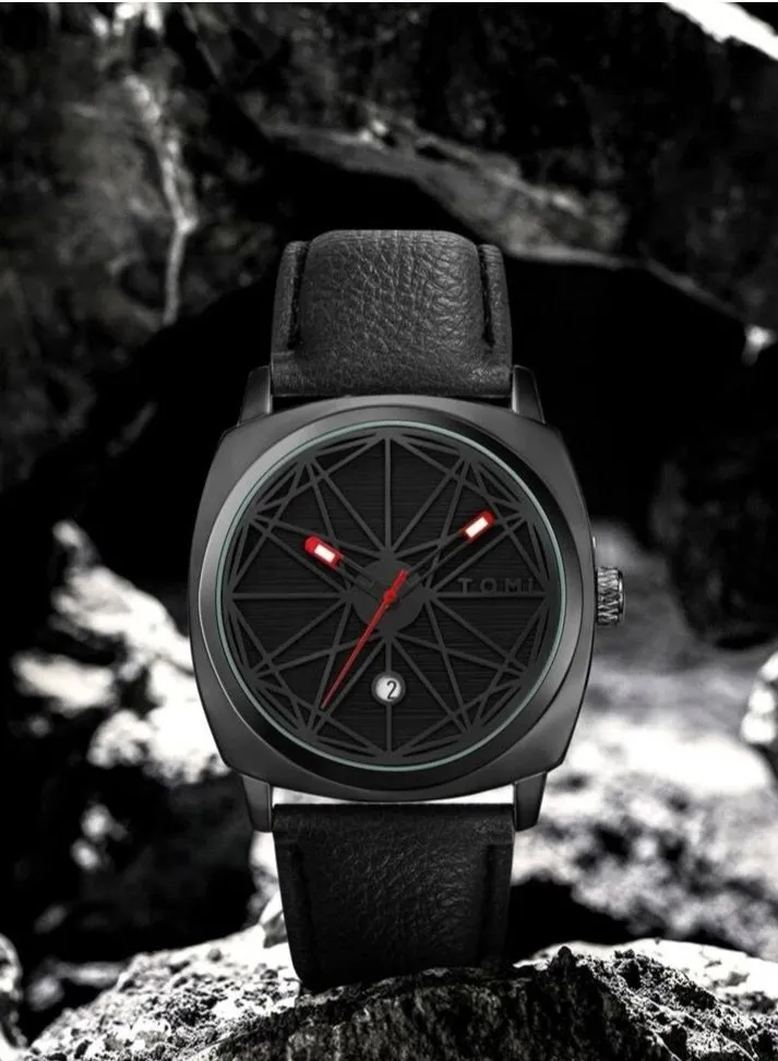 TOMI An elegant black leather watch for men and women that displays the date on a daily basis