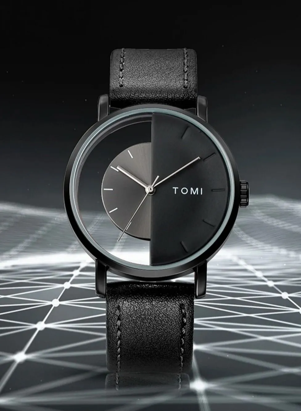 TOMI A stylish unisex wrist watch with black leather strap for men and women from TOMI, the watch face size is 40 mm and the thickness is 9 mm