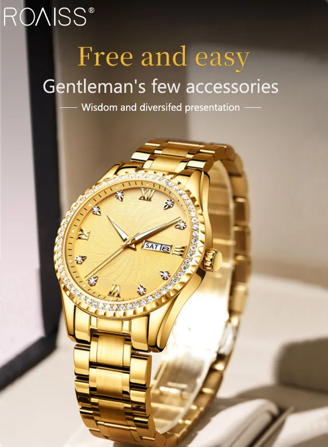 roaiss Men's Stainless Steel Strap Quartz Watch Analog Display Round Gold Dial with Rhinestone-set Bezel Waterproof Luminous Wristwatch as Gift for Men