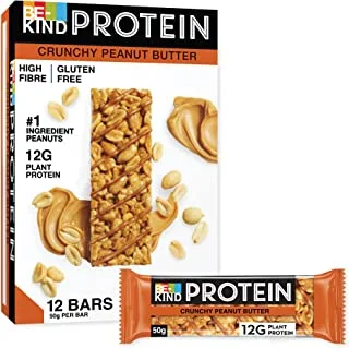 Be Kind Protein Bar with Crunchy Peanut Butter, 12g Vegan Protein, Gluten-Free Snack, High Fiber, No Preservatives, No Artificial Colors, No Sweeteners, 12 x 50g Pack