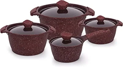Al Saif 8 Pieces Non-Stick Aluminum Cookware Cooking Set Size: 20/24/28/18Cm, Color: Red Granite