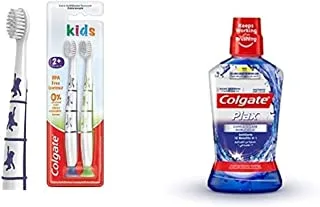 1 فرشاة أسنان للأطفال كولجيت ، فرشاة أسنان فائقة النعومة خالية من البيسفينول للأطفال ، 2+ سنة ، عبوتان + 1 كولجيت بلاكس غسول الفم للعناية الكاملة - 500 مل