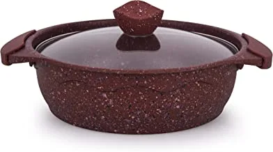 Al Saif Non-Stick Aluminum Shallow Pot With Glass Lid Size: 26Cm, Color: Red Granite