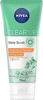 NIVEA Face Scrub Daily Exfoliating, Clear Up Unclogs Pores with Sea Salt, Salicylic & Hyaluronic Acid, 75ml
