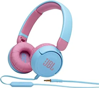 JBL Jr 310 Kids Wired On-Ear Headphones, Safe Sound (<85dB), Built-In Mic, Sof Padded Headband, Comfortable Ear Cushion, Compact and Foldable Design, Single-Side Flat Cable - Blue, JBLJR310BLU