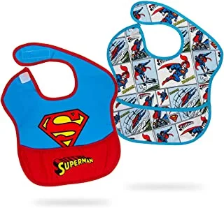 WarnerBros Superman Bibs Washable, Stain and Odor Resistant, 100% Water Proof, Pack of 2. Age: 6 24 months (Official Disney Product)