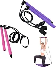 ADOTRY Pilates Exercise Resistance Band Portable Yoga Bar Kit with Foot Loop, Purple/Pink