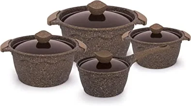 Al Saif 8 Pieces Non-Stick Aluminum Cookware Cooking Set Size: 20/24/28/18Cm, Color: Coffee Granite