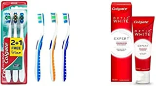 1 Colgate 360 Base Medium ToothBRush, Value Pack - 3Pk + 1 Colgate Optic White Expert White Teeth Whitening Toothpaste - 75Ml