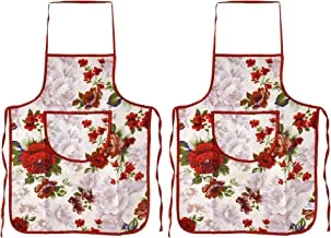 Heart Home Flower Printed Apron with 1Front Pocket, Pack of 2 (Red)